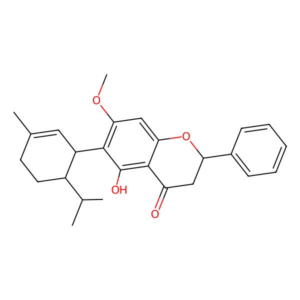 2D Structure of 5-Hydroxy-7-methoxy-6-(3-methyl-6-propan-2-ylcyclohex-2-en-1-yl)-2-phenyl-2,3-dihydrochromen-4-one 2D Structure of 5-Hydroxy-7-methoxy-6-(3-methyl-6-propan-2-ylcyclohex-2-en-1-yl)-2-phenyl-2,3-dihydrochromen-4-one