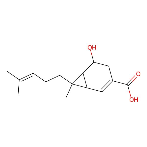 2D Structure of 5-Hydroxy-7-methyl-7-(4-methylpent-3-enyl)bicyclo[4.1.0]hept-2-ene-3-carboxylic acid