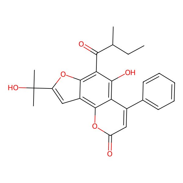 2D Structure of 5-hydroxy-8-(2-hydroxypropan-2-yl)-6-[(2R)-2-methylbutanoyl]-4-phenylfuro[2,3-h]chromen-2-one