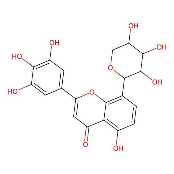 2D Structure of 5-hydroxy-8-[(2R,3R,4S,5S)-3,4,5-trihydroxyoxan-2-yl]-2-(3,4,5-trihydroxyphenyl)chromen-4-one