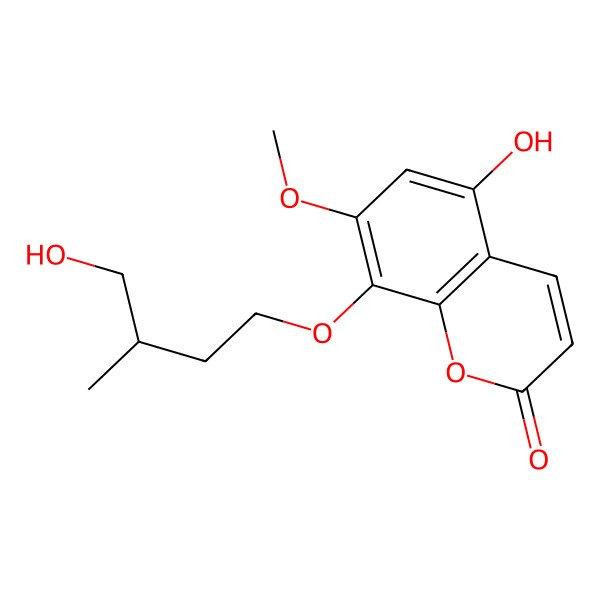 2D Structure of 5-hydroxy-8-[(3S)-4-hydroxy-3-methylbutoxy]-7-methoxychromen-2-one