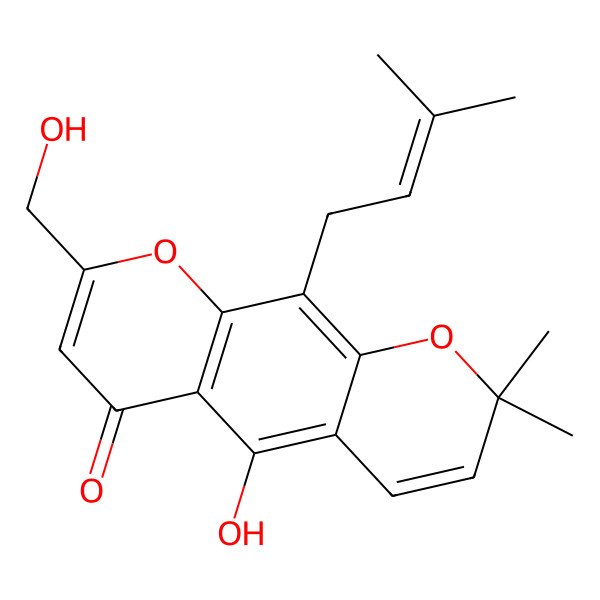 2D Structure of 5-Hydroxy-8-(hydroxymethyl)-2,2-dimethyl-10-(3-methylbut-2-enyl)pyrano[3,2-g]chromen-6-one