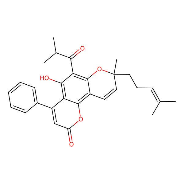 2D Structure of 5-Hydroxy-8-methyl-8-(4-methylpent-3-enyl)-6-(2-methylpropanoyl)-4-phenylpyrano[2,3-h]chromen-2-one