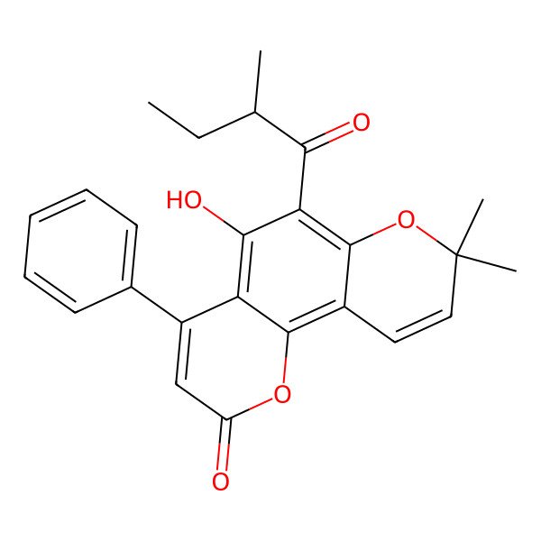 2D Structure of 5-hydroxy-8,8-dimethyl-6-[(2R)-2-methylbutanoyl]-4-phenylpyrano[2,3-h]chromen-2-one