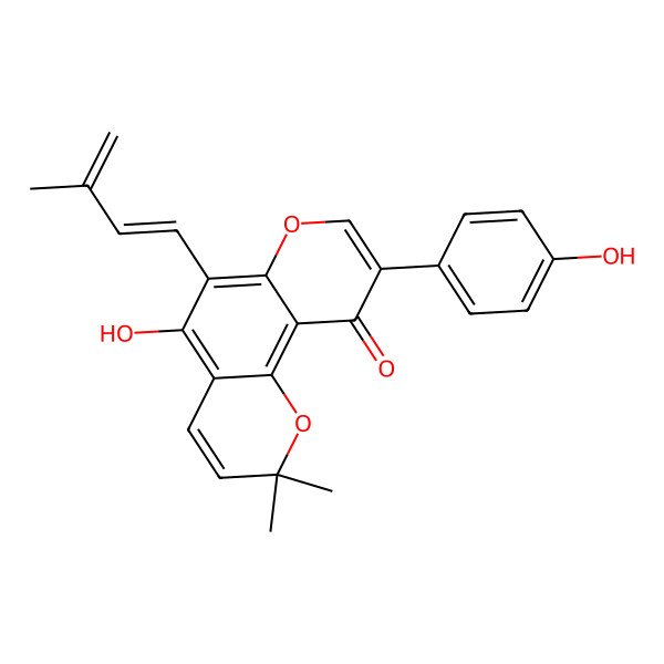 2D Structure of 5-Hydroxy-9-(4-hydroxyphenyl)-2,2-dimethyl-6-(3-methylbuta-1,3-dienyl)pyrano[2,3-f]chromen-10-one