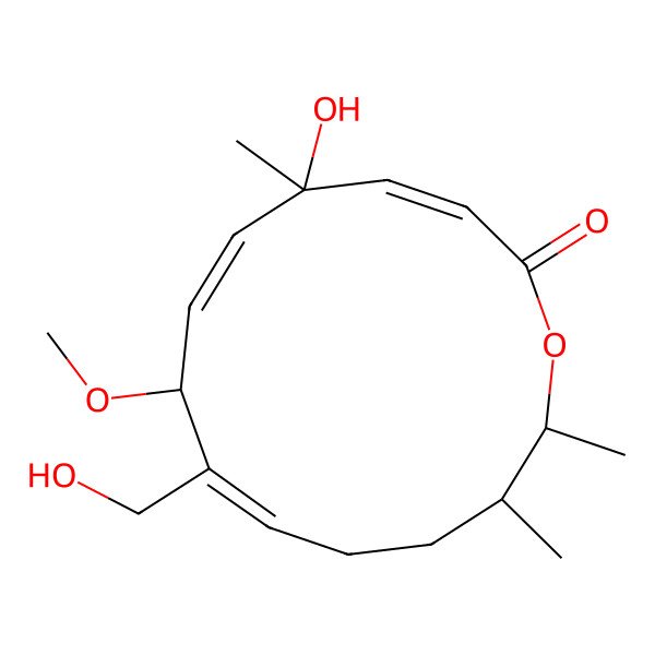2D Structure of 5-Hydroxy-9-(hydroxymethyl)-8-methoxy-5,13,14-trimethyl-1-oxacyclotetradeca-3,6,9-trien-2-one
