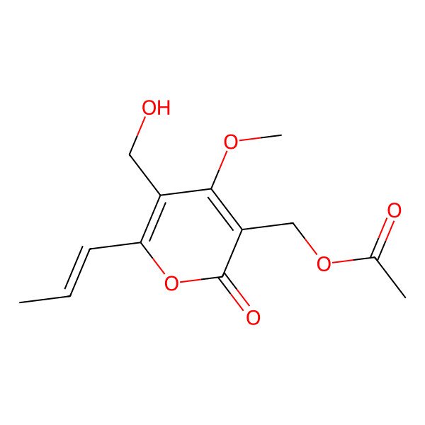 2D Structure of [5-(Hydroxymethyl)-4-methoxy-2-oxo-6-prop-1-enylpyran-3-yl]methyl acetate