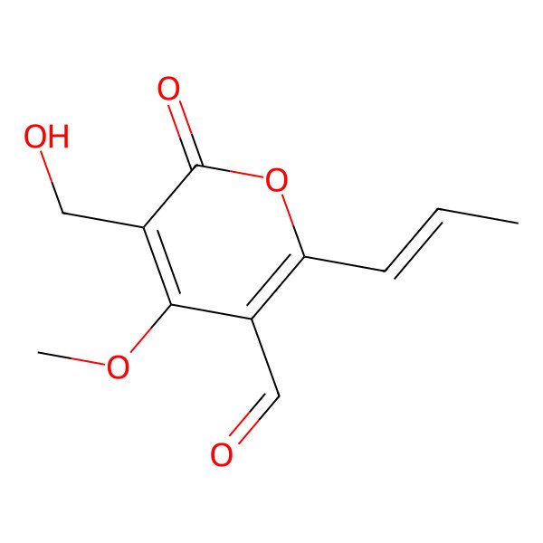 2D Structure of 5-(Hydroxymethyl)-4-methoxy-6-oxo-2-prop-1-enylpyran-3-carbaldehyde