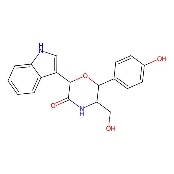 2D Structure of 5-(hydroxymethyl)-6-(4-hydroxyphenyl)-2-(1H-indol-3-yl)morpholin-3-one