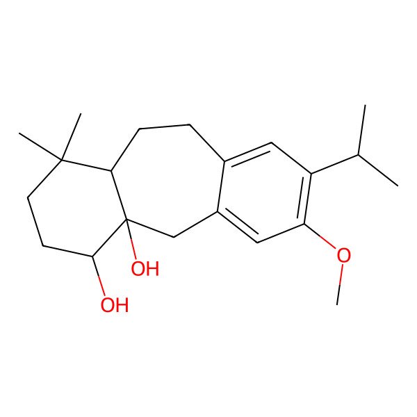 2D Structure of 5-Methoxy-12,12-dimethyl-6-propan-2-yltricyclo[9.4.0.03,8]pentadeca-3,5,7-triene-1,15-diol