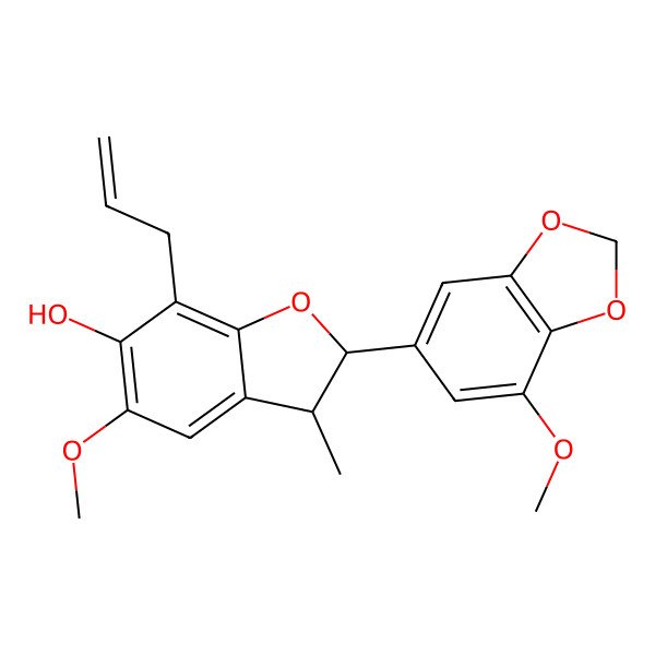 2D Structure of 5-Methoxy-2-(7-methoxy-1,3-benzodioxol-5-yl)-3-methyl-7-prop-2-enyl-2,3-dihydro-1-benzofuran-6-ol