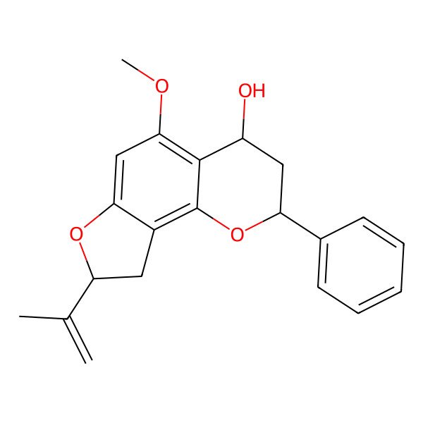 2D Structure of 5-methoxy-2-phenyl-8-prop-1-en-2-yl-3,4,8,9-tetrahydro-2H-furo[2,3-h]chromen-4-ol