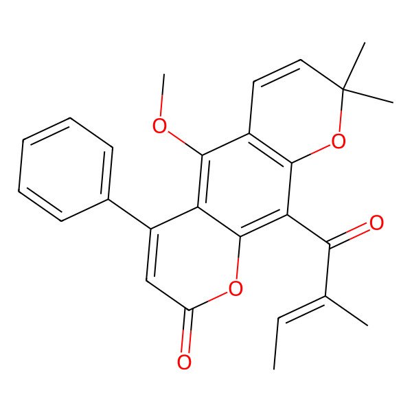 2D Structure of 5-Methoxy-2,2-dimethyl-10-(2-methylbut-2-enoyl)-6-phenylpyrano[3,2-g]chromen-8-one