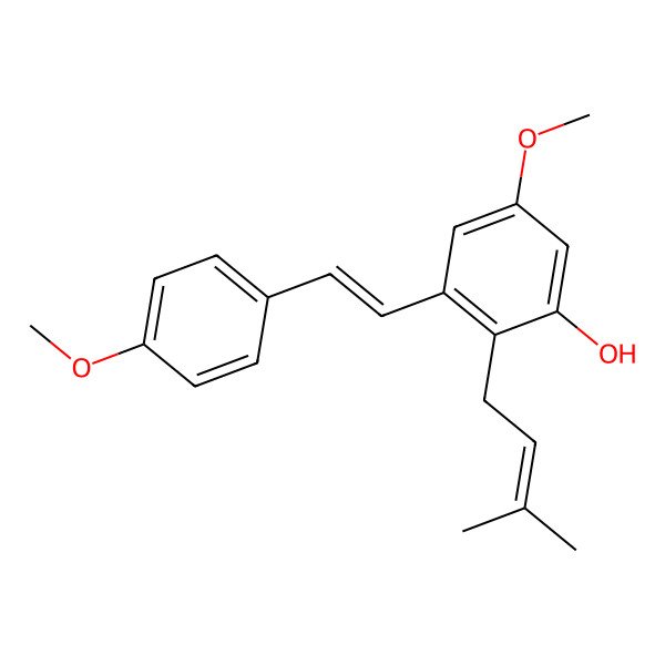 2D Structure of 5-methoxy-3-[(E)-2-(4-methoxyphenyl)ethenyl]-2-(3-methylbut-2-enyl)phenol