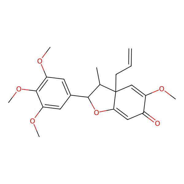 2D Structure of 5-Methoxy-3-methyl-3a-prop-2-enyl-2-(3,4,5-trimethoxyphenyl)-2,3-dihydro-1-benzofuran-6-one 2D Structure of 5-Methoxy-3-methyl-3a-prop-2-enyl-2-(3,4,5-trimethoxyphenyl)-2,3-dihydro-1-benzofuran-6-one