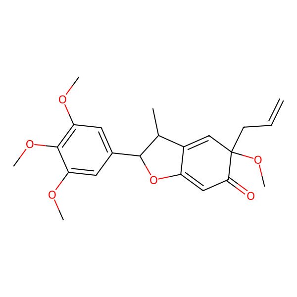 2D Structure of 5-Methoxy-3-methyl-5-prop-2-enyl-2-(3,4,5-trimethoxyphenyl)-2,3-dihydro-1-benzofuran-6-one 2D Structure of 5-Methoxy-3-methyl-5-prop-2-enyl-2-(3,4,5-trimethoxyphenyl)-2,3-dihydro-1-benzofuran-6-one