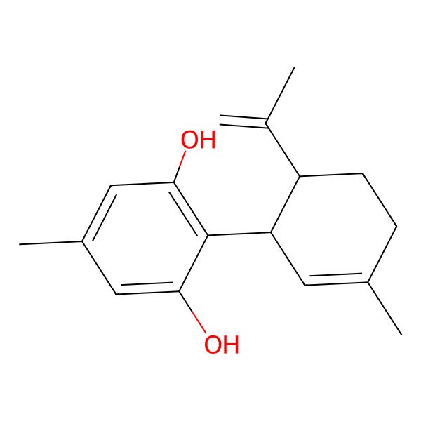 2D Structure of 5-Methyl-2-(3-methyl-6-prop-1-en-2-ylcyclohex-2-en-1-yl)benzene-1,3-diol