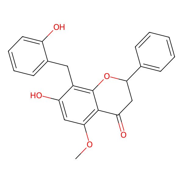 2D Structure of 4H-1-Benzopyran-4-one, 2,3-dihydro-7-hydroxy-8-((2-hydroxyphenyl)methyl)-5-methoxy-2-phenyl-, (+-)-