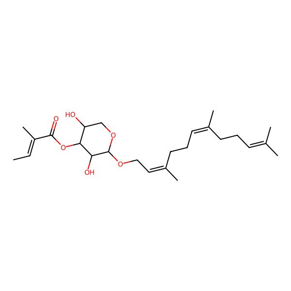 2D Structure of [(2S,3R,4R,5S)-3,5-dihydroxy-2-[(2E,6E)-3,7,11-trimethyldodeca-2,6,10-trienoxy]oxan-4-yl] (Z)-2-methylbut-2-enoate