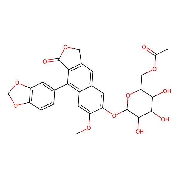 2D Structure of [(2R,3S,4S,5R,6S)-6-[[4-(1,3-benzodioxol-5-yl)-6-methoxy-3-oxo-1H-benzo[f][2]benzofuran-7-yl]oxy]-3,4,5-trihydroxyoxan-2-yl]methyl acetate