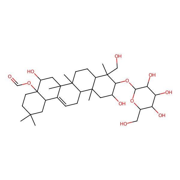 2D Structure of [(4aR,5S,6aR,6aS,6bR,8aR,9R,10R,11S,12aR,14bS)-5,11-dihydroxy-9-(hydroxymethyl)-2,2,6a,6b,9,12a-hexamethyl-10-[(2R,3R,4S,5S,6R)-3,4,5-trihydroxy-6-(hydroxymethyl)oxan-2-yl]oxy-1,3,4,5,6,6a,7,8,8a,10,11,12,13,14b-tetradecahydropicen-4a-yl] formate