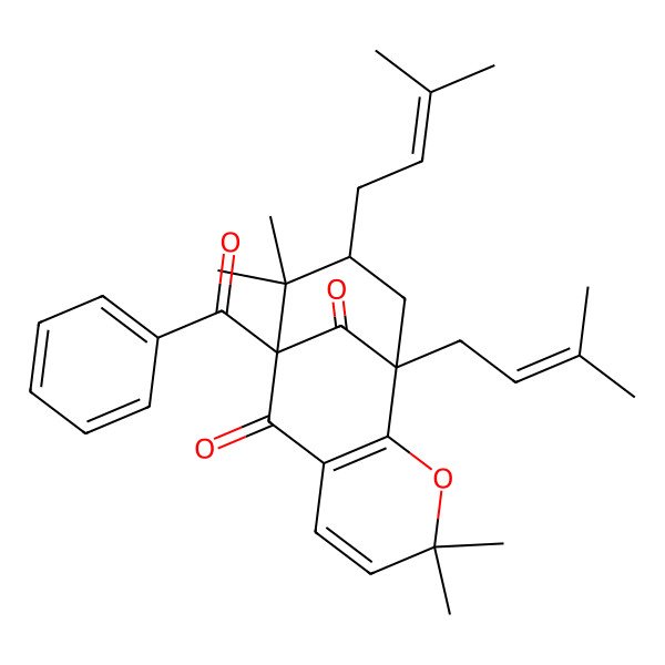 2D Structure of (1S,9R,11R)-9-benzoyl-4,4,10,10-tetramethyl-1,11-bis(3-methylbut-2-enyl)-3-oxatricyclo[7.3.1.02,7]trideca-2(7),5-diene-8,13-dione