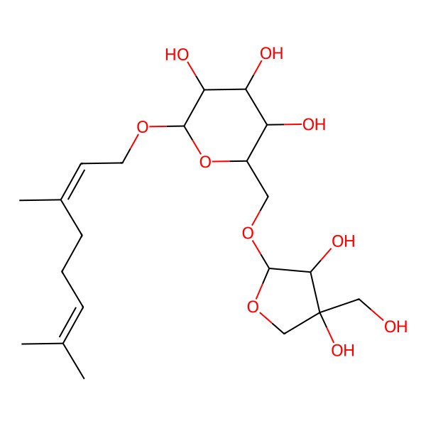 2D Structure of (2R,3S,4S,5R,6R)-2-[[(2R,3S,4S)-3,4-dihydroxy-4-(hydroxymethyl)oxolan-2-yl]oxymethyl]-6-[(2E)-3,7-dimethylocta-2,6-dienoxy]oxane-3,4,5-triol