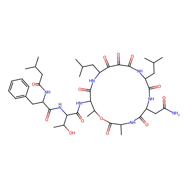 2D Structure of N-[(2S)-1-[[(2S)-1-[[(3R,6S,9S,17S)-6-(2-amino-2-oxoethyl)-3,18-dimethyl-9,14-bis(2-methylpropyl)-2,5,8,11,12,13,16-heptaoxo-1-oxa-4,7,10,15-tetrazacyclooctadec-17-yl]amino]-3-hydroxy-1-oxobutan-2-yl]amino]-1-oxo-3-phenylpropan-2-yl]-3-methylbutanamide