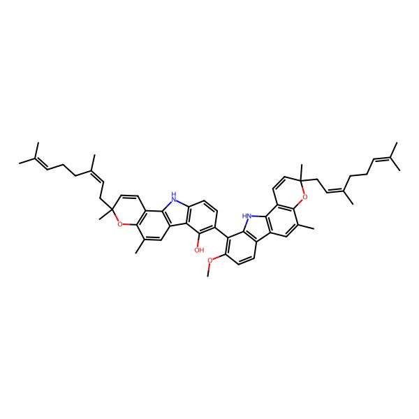 2D Structure of 3-[(2E)-3,7-dimethylocta-2,6-dienyl]-8-[3-[(2E)-3,7-dimethylocta-2,6-dienyl]-9-methoxy-3,5-dimethyl-11H-pyrano[3,2-a]carbazol-10-yl]-3,5-dimethyl-11H-pyrano[3,2-a]carbazol-7-ol