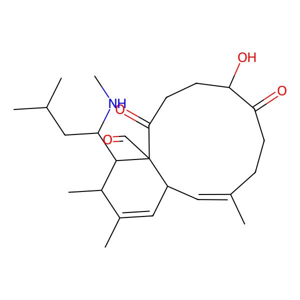 2D Structure of 5-Hydroxy-9,13,14-trimethyl-15-[3-methyl-1-(methylamino)butyl]-2,6-dioxobicyclo[9.4.0]pentadeca-9,12-diene-1-carbaldehyde