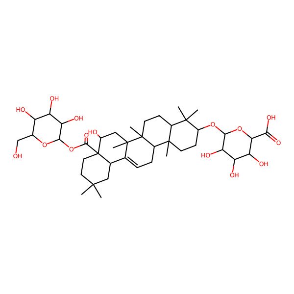 2D Structure of 3,4,5-Trihydroxy-6-[[8-hydroxy-4,4,6a,6b,11,11,14b-heptamethyl-8a-[3,4,5-trihydroxy-6-(hydroxymethyl)oxan-2-yl]oxycarbonyl-1,2,3,4a,5,6,7,8,9,10,12,12a,14,14a-tetradecahydropicen-3-yl]oxy]oxane-2-carboxylic acid