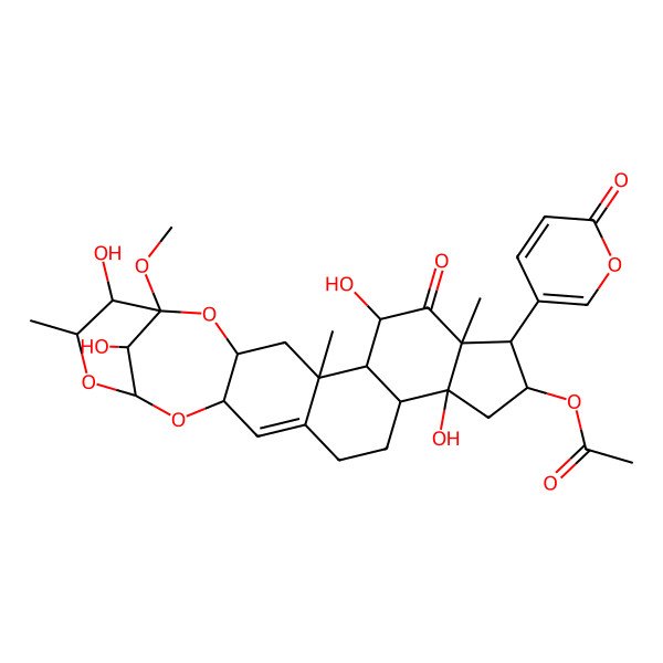 2D Structure of [(1S,3R,5R,6S,7S,9R,10R,11S,13S,14R,19R,21S,23S,24R,25S)-7,13,24,25-tetrahydroxy-1-methoxy-5,9,23-trimethyl-8-oxo-10-(6-oxopyran-3-yl)-2,20,22-trioxahexacyclo[19.3.1.03,19.05,17.06,14.09,13]pentacos-17-en-11-yl] acetate