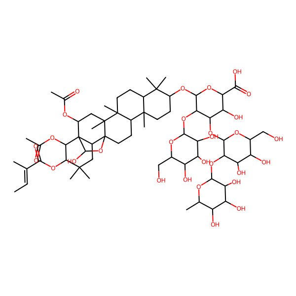 2D Structure of 6-[[2,22-Diacetyloxy-23-hydroxy-4,5,9,9,13,20,20-heptamethyl-21-(2-methylbut-2-enoyloxy)-24-oxahexacyclo[15.5.2.01,18.04,17.05,14.08,13]tetracosan-10-yl]oxy]-4-[4,5-dihydroxy-6-(hydroxymethyl)-3-(3,4,5-trihydroxy-6-methyloxan-2-yl)oxyoxan-2-yl]oxy-3-hydroxy-5-[3,4,5-trihydroxy-6-(hydroxymethyl)oxan-2-yl]oxyoxane-2-carboxylic acid