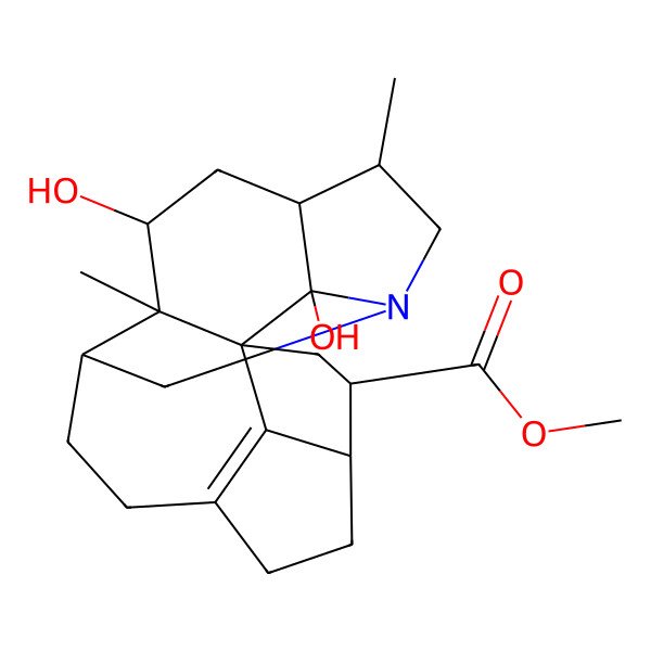 2D Structure of methyl (1R,3R,4S,10S,14S,15R,17S,18S,19R)-17,19-dihydroxy-14,18-dimethyl-12-azahexacyclo[10.6.1.11,4.010,18.015,19.07,20]icos-7(20)-ene-3-carboxylate