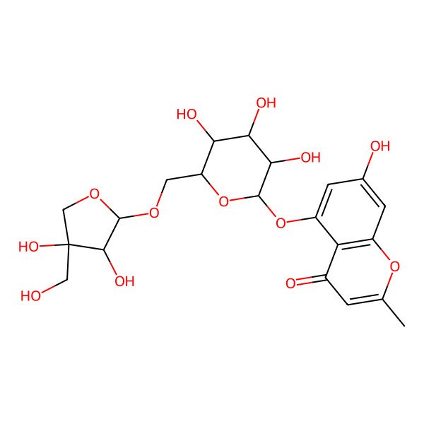 2D Structure of 5-[(2S,3R,4S,5S,6R)-6-[[(2R,3R,4R)-3,4-dihydroxy-4-(hydroxymethyl)oxolan-2-yl]oxymethyl]-3,4,5-trihydroxyoxan-2-yl]oxy-7-hydroxy-2-methylchromen-4-one