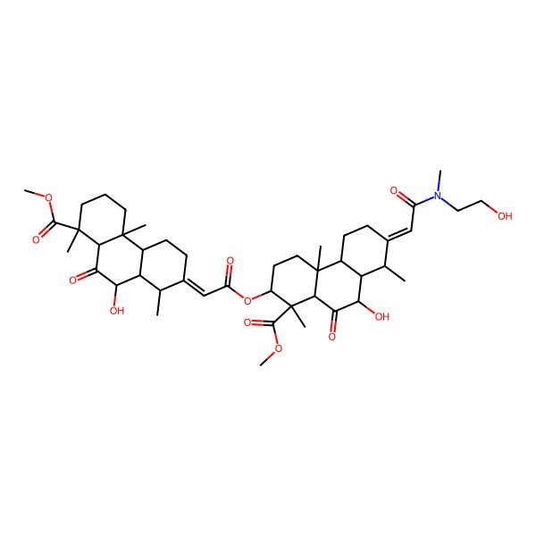 2D Structure of methyl (1R,2S,4aR,4bS,7E,8R,8aS,9R,10aR)-2-[(2E)-2-[(1R,4aS,4bR,8S,8aR,10R,10aS)-10-hydroxy-8-methoxycarbonyl-1,4b,8-trimethyl-9-oxo-1,3,4,4a,5,6,7,8a,10,10a-decahydrophenanthren-2-ylidene]acetyl]oxy-9-hydroxy-7-[2-[2-hydroxyethyl(methyl)amino]-2-oxoethylidene]-1,4a,8-trimethyl-10-oxo-2,3,4,4b,5,6,8,8a,9,10a-decahydrophenanthrene-1-carboxylate