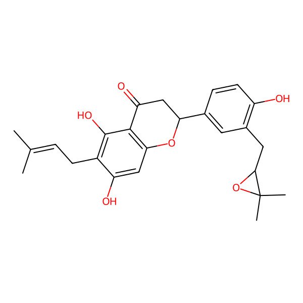 2D Structure of 2-[3-[(3,3-Dimethyloxiran-2-yl)methyl]-4-hydroxyphenyl]-5,7-dihydroxy-6-(3-methylbut-2-enyl)-2,3-dihydrochromen-4-one
