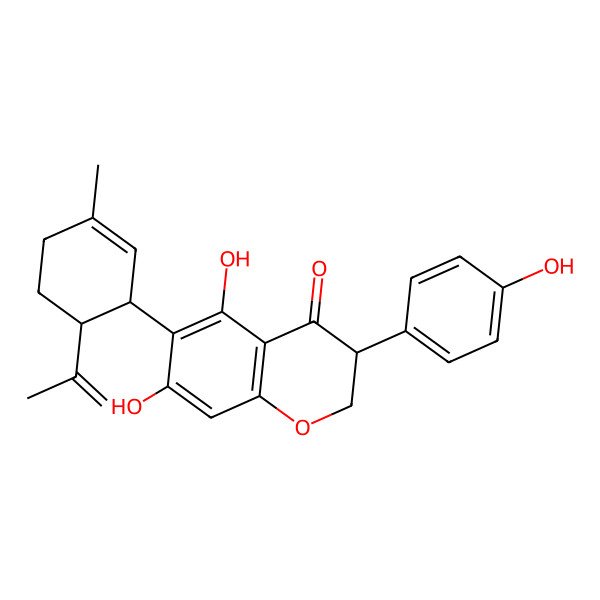 2D Structure of 5,7-Dihydroxy-3-(4-hydroxyphenyl)-6-(3-methyl-6-prop-1-en-2-ylcyclohex-2-en-1-yl)-2,3-dihydrochromen-4-one