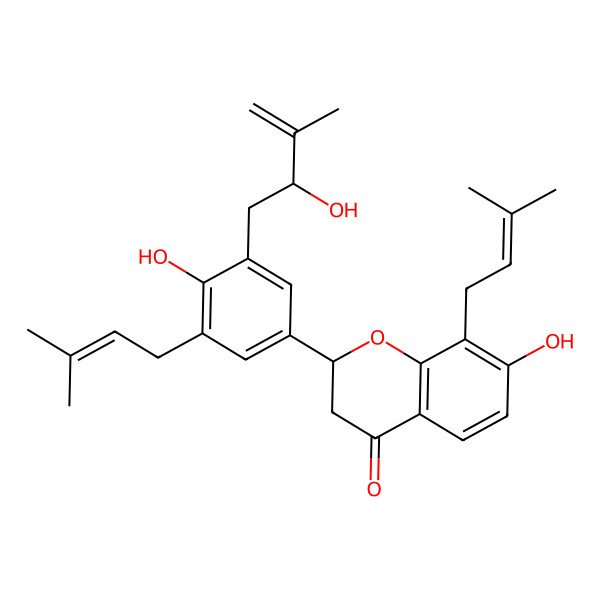 2D Structure of (2S)-7-hydroxy-2-[4-hydroxy-3-[(2R)-2-hydroxy-3-methylbut-3-enyl]-5-(3-methylbut-2-enyl)phenyl]-8-(3-methylbut-2-enyl)-2,3-dihydrochromen-4-one