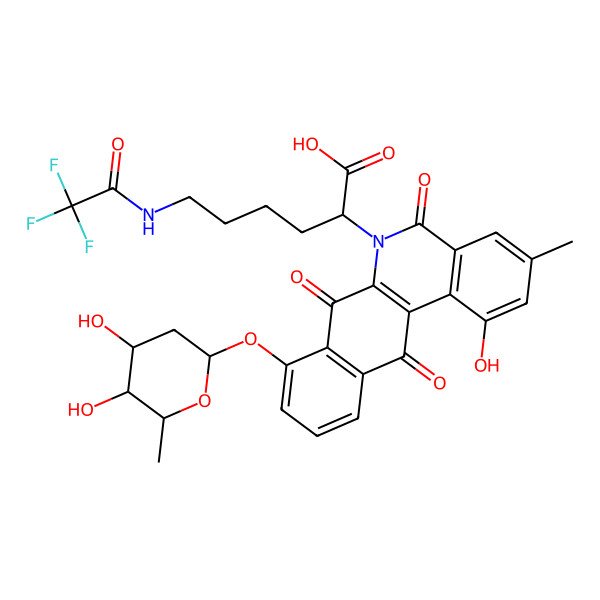 2D Structure of (2S)-2-[8-[(2S,4S,5R)-4,5-dihydroxy-6-methyloxan-2-yl]oxy-1-hydroxy-3-methyl-5,7,12-trioxobenzo[b]phenanthridin-6-yl]-6-[(2,2,2-trifluoroacetyl)amino]hexanoic acid