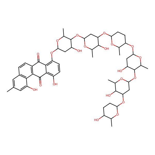 2D Structure of 1,11-Dihydroxy-8-[4-hydroxy-5-[5-hydroxy-4-[5-[4-hydroxy-5-[5-hydroxy-4-(5-hydroxy-6-methyloxan-2-yl)oxy-6-methyloxan-2-yl]oxy-6-methyloxan-2-yl]oxy-6-methyloxan-2-yl]oxy-6-methyloxan-2-yl]oxy-6-methyloxan-2-yl]oxy-3-methylbenzo[a]anthracene-7,12-dione