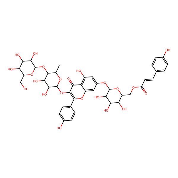 2D Structure of [(2R,3R,4S,5R,6S)-6-[3-[(2S,3R,4S,5R,6S)-3,4-dihydroxy-6-methyl-5-[(2S,3R,4S,5R,6R)-3,4,5-trihydroxy-6-(hydroxymethyl)oxan-2-yl]oxyoxan-2-yl]oxy-5-hydroxy-2-(4-hydroxyphenyl)-4-oxochromen-7-yl]oxy-3,4,5-trihydroxyoxan-2-yl]methyl (E)-3-(4-hydroxyphenyl)prop-2-enoate