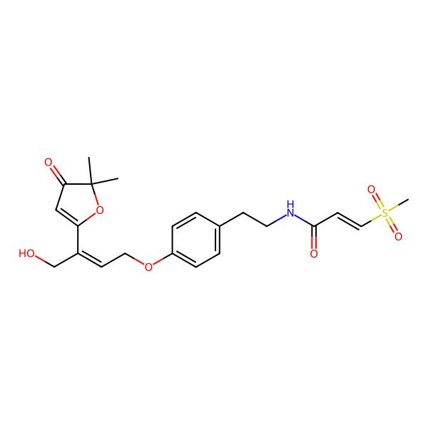 2D Structure of (E)-N-[2-[4-[(E)-3-(5,5-dimethyl-4-oxofuran-2-yl)-4-hydroxybut-2-enoxy]phenyl]ethyl]-3-methylsulfonylprop-2-enamide