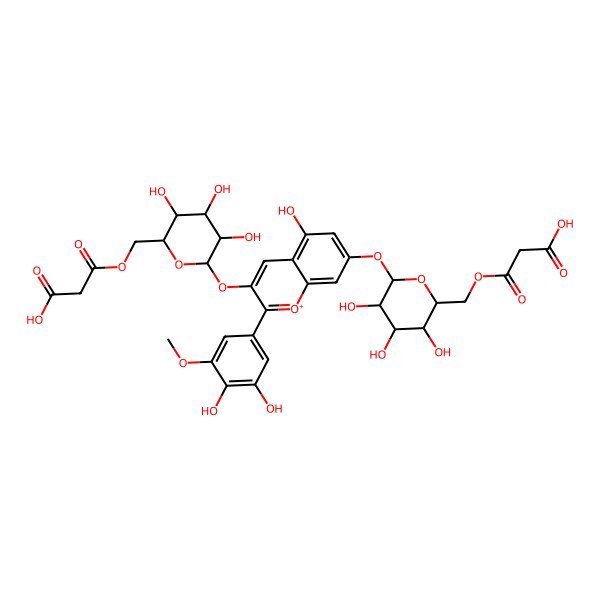 2D Structure of 3-[[(2S,3R,4S,5R,6S)-6-[3-[(2S,3R,4S,5R,6R)-6-[(2-carboxyacetyl)oxymethyl]-3,4,5-trihydroxyoxan-2-yl]oxy-2-(3,4-dihydroxy-5-methoxyphenyl)-5-hydroxychromenylium-7-yl]oxy-3,4,5-trihydroxyoxan-2-yl]methoxy]-3-oxopropanoic acid