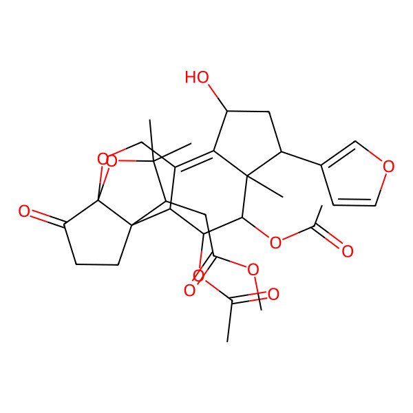 2D Structure of Methyl 2-[3,4-diacetyloxy-6-(furan-3-yl)-8-hydroxy-5,15,15-trimethyl-19-oxo-12,14-dioxapentacyclo[11.3.3.01,13.02,10.05,9]nonadec-9-en-16-yl]acetate
