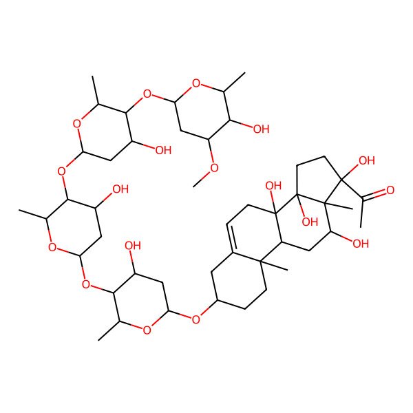 2D Structure of 1-[(3S,8R,9R,10R,12S,13S,14S,17R)-8,12,14,17-tetrahydroxy-3-[(2S,4S,5S,6S)-4-hydroxy-5-[(2R,4R,5R,6S)-4-hydroxy-5-[(2S,4S,5S,6R)-4-hydroxy-5-[(2S,4R,5S,6S)-5-hydroxy-4-methoxy-6-methyloxan-2-yl]oxy-6-methyloxan-2-yl]oxy-6-methyloxan-2-yl]oxy-6-methyloxan-2-yl]oxy-10,13-dimethyl-1,2,3,4,7,9,11,12,15,16-decahydrocyclopenta[a]phenanthren-17-yl]ethanone