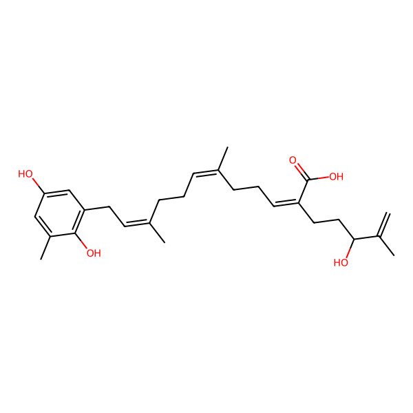2D Structure of (2E,6E,10E)-12-(2,5-dihydroxy-3-methylphenyl)-2-[(3R)-3-hydroxy-4-methylpent-4-enyl]-6,10-dimethyldodeca-2,6,10-trienoic acid