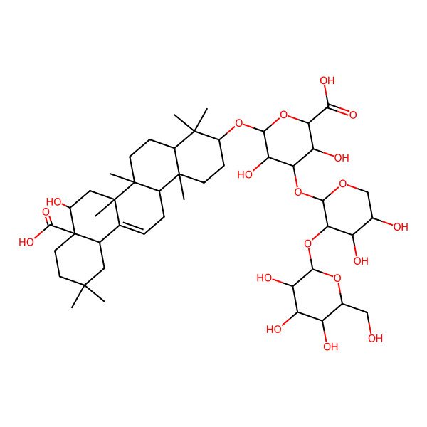 2D Structure of (2S,3S,4S,5R,6R)-6-[[(3S,4aR,6aR,6bS,8R,8aR,12aS,14aR,14bR)-8a-carboxy-8-hydroxy-4,4,6a,6b,11,11,14b-heptamethyl-1,2,3,4a,5,6,7,8,9,10,12,12a,14,14a-tetradecahydropicen-3-yl]oxy]-4-[(2S,3R,4S,5S)-4,5-dihydroxy-3-[(2S,3R,4S,5S,6R)-3,4,5-trihydroxy-6-(hydroxymethyl)oxan-2-yl]oxyoxan-2-yl]oxy-3,5-dihydroxyoxane-2-carboxylic acid