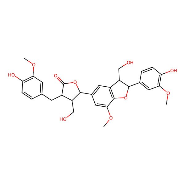 2D Structure of 5-[2-(4-Hydroxy-3-methoxyphenyl)-3-(hydroxymethyl)-7-methoxy-2,3-dihydro-1-benzofuran-5-yl]-3-[(4-hydroxy-3-methoxyphenyl)methyl]-4-(hydroxymethyl)oxolan-2-one