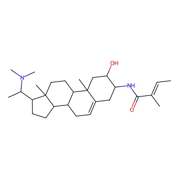 2D Structure of (E)-N-[(2S,3R,8S,9S,10R,13S,14S,17S)-17-[(1S)-1-(dimethylamino)ethyl]-2-hydroxy-10,13-dimethyl-2,3,4,7,8,9,11,12,14,15,16,17-dodecahydro-1H-cyclopenta[a]phenanthren-3-yl]-2-methylbut-2-enamide